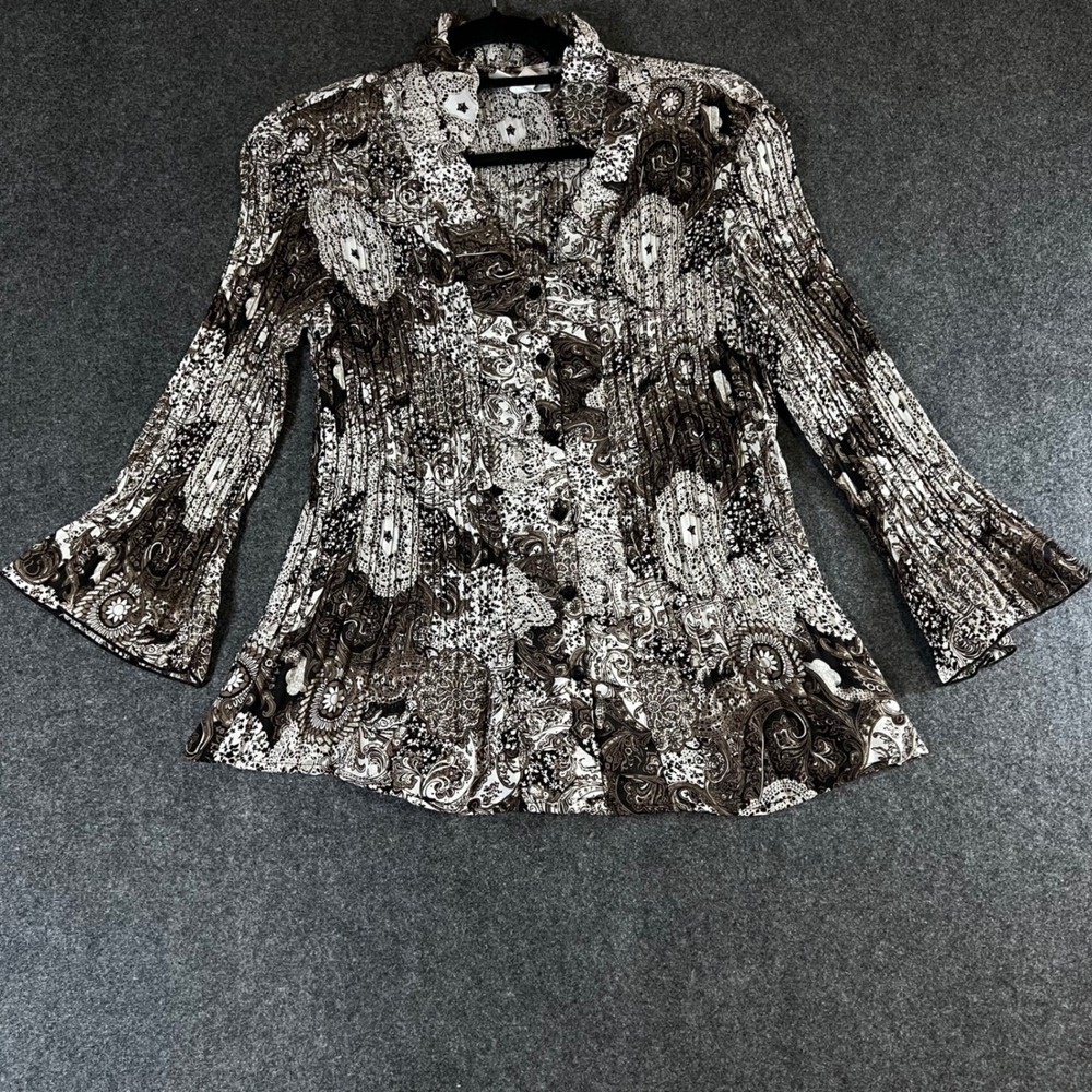Dressbarn Womens Brown White Paisley Pleated Bell Sleeve Button Front Blouse M
